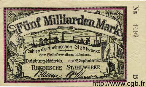 5 Milliarden Mark GERMANY Duisburg-Meiderich 1923 K.1205dd XF-
