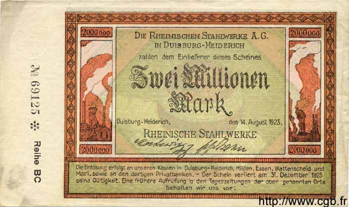 2 Millionen Mark DEUTSCHLAND Duisburg-Meiderich 1923 K.1205o fVZ