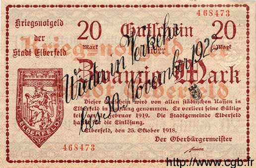 20 Mark ALEMANIA Elberfeld 1918 K.167a SC+