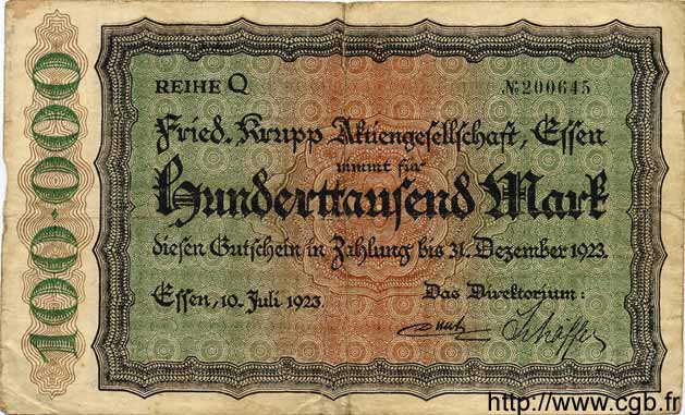 100000 Mark GERMANY Essen 1923 K.1429c F