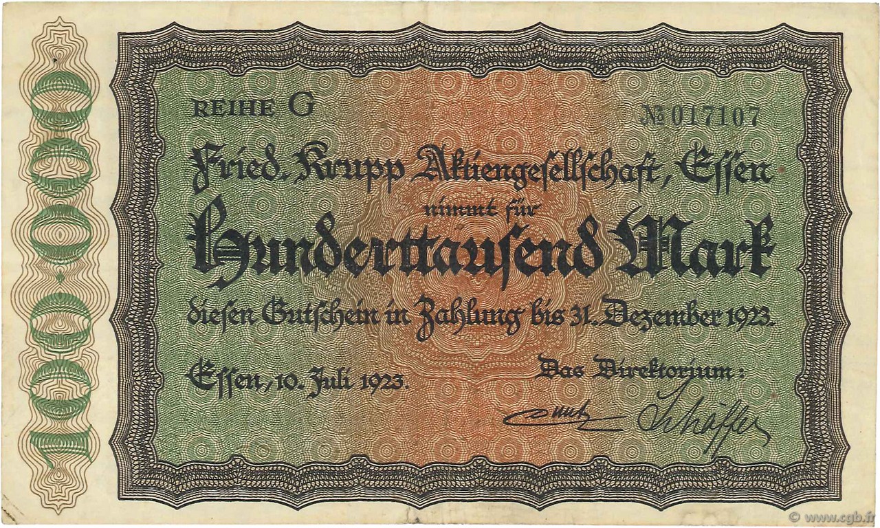 100000 Mark GERMANY Essen 1923 K.1429c VF
