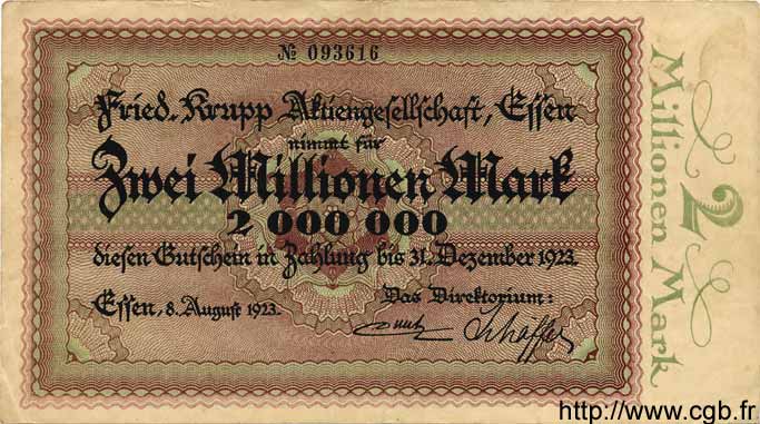 2 Millionen Mark DEUTSCHLAND Essen 1923 K.1429k fVZ