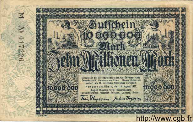 10 Millionen Mark DEUTSCHLAND Hambourg 1923 K.2106k fVZ