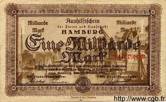 1 Milliarde Mark GERMANY Hambourg 1923 Ham.25b VF