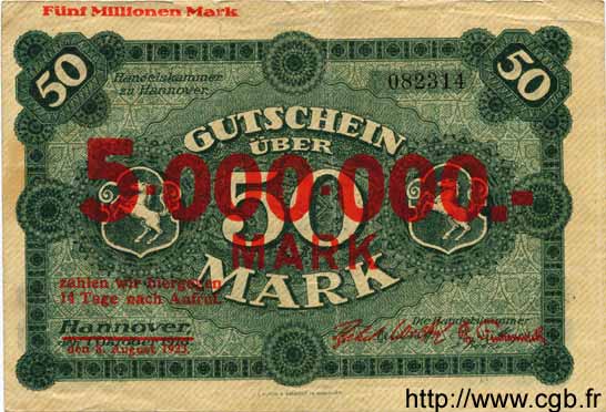 5 Millionen Mark sur 50 GERMANIA Hannovre 1923 K.2156 q.BB