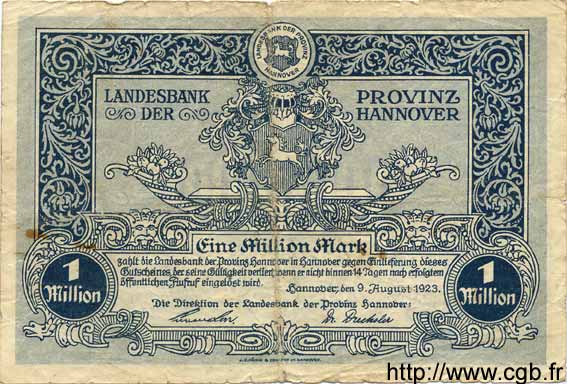 1 Million Mark GERMANIA Hannovre 1923 Han.4b q.MB