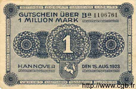 1 Million Mark DEUTSCHLAND Hannovre 1923 Han.10b fVZ