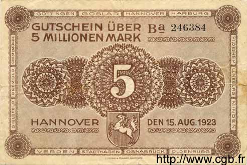 5 Millionen Mark ALEMANIA Hannovre 1923 Han.11a MBC