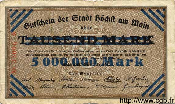 5 Millions Mark sur 1000 GERMANY Hochst 1923  F