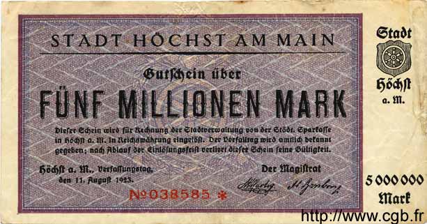 5 Millionen Mark ALLEMAGNE Hochst 1923 K.2392c TB+