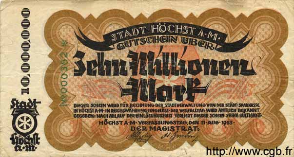 10 Millionen Mark GERMANIA Hochst 1923 K.2392c q.BB
