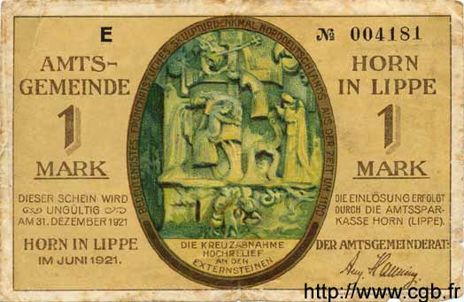 1 Mark GERMANIA Horn In Lippe 1921 K.IV494e MB