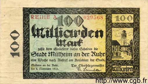100 Milliards Mark GERMANY Mülheim 1923  VF