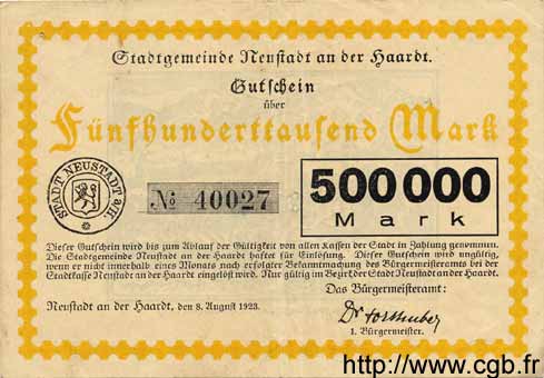 500000 Mark ALLEMAGNE Neustadt An Der Haardt 1923 K.3858a TTB