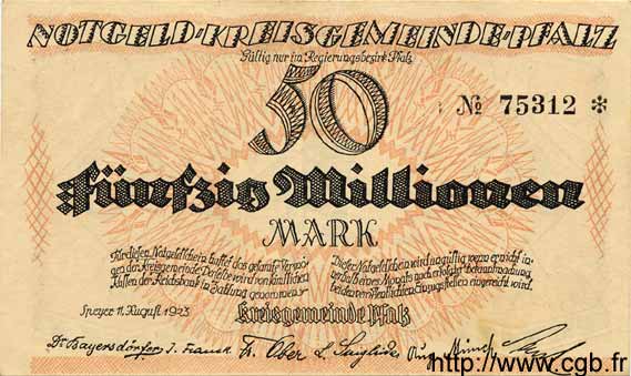 50 Millionen Mark GERMANY Pfalz 1923 K.4286b XF
