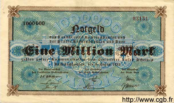 1 Million Mark GERMANY Recklinghausen 1923 K.4460c XF+