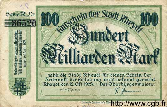 100 Milliards Mark GERMANY Rheydt 1923  VG