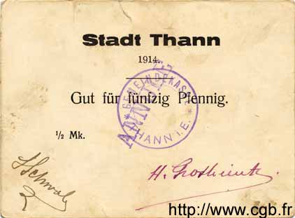 50 Pfennig Annulé GERMANIA Thann 1914 K.396 BB