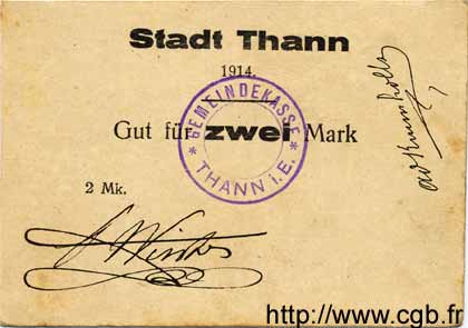2 Mark Annulé GERMANIA Thann 1914  SPL