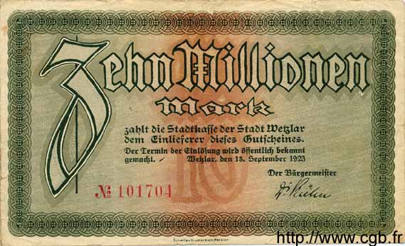 10 Millionen Mark GERMANY Wetzlar 1923 K.5594d VF
