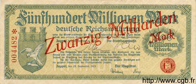 20 Milliarden Mark sur 500 Millionen GERMANIA Zoppot 1923 K.5816d SPL+