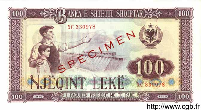 100 Leke Spécimen ALBANIA  1976 P.46s1 SC+
