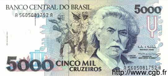 5000 Cruzeiros BRAZIL  1993 P.232c UNC-