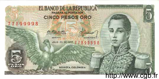 5 Pesos Oro COLOMBIA  1979 P.406f UNC
