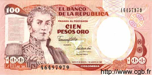 100 Pesos Oro COLOMBIA  1991 P.426e FDC