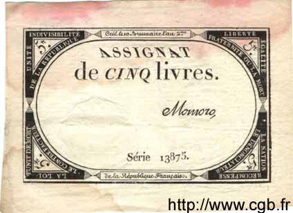5 Livres FRANCE  1793 Ass.46a UNC-