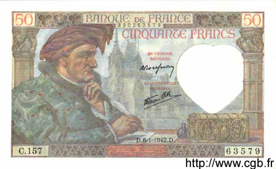 50 Francs JACQUES CŒUR FRANKREICH  1942 F.19.18 fST