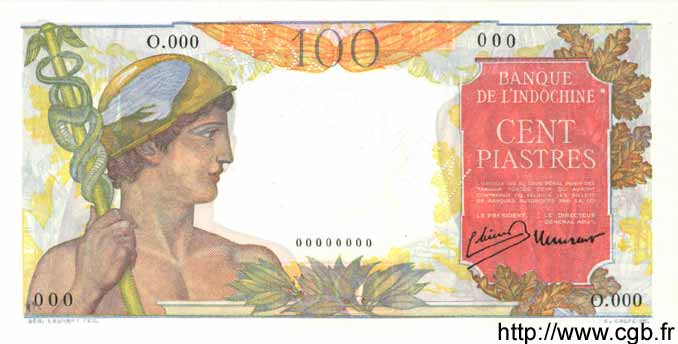 100 Piastres Spécimen INDOCINA FRANCESE  1947 P.082s q.FDC