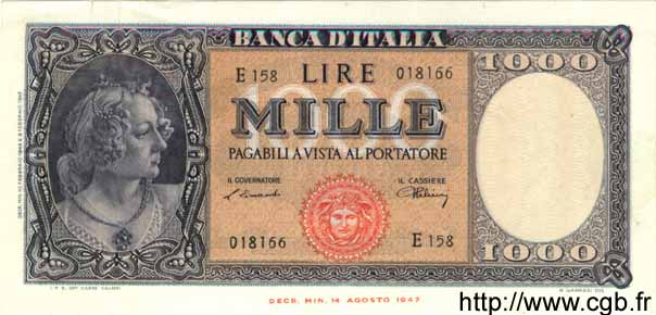1000 Lire ITALY  1948 P.088a XF - AU