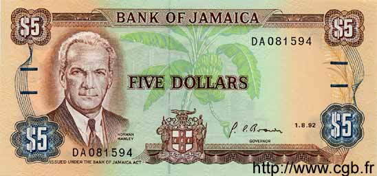 5 Dollars JAMAICA  1992 P.70d UNC-