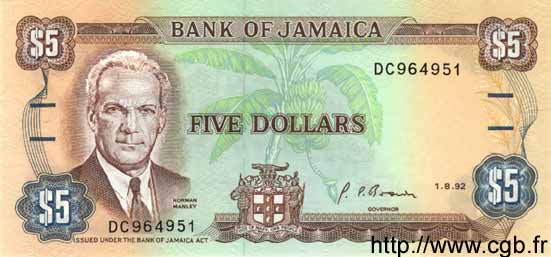 5 Dollars JAMAICA  1992 P.70d UNC