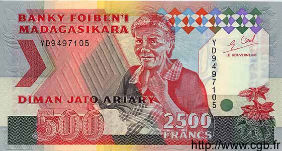 2500 Francs - 500 Ariary MADAGASCAR  1993 P.072A UNC