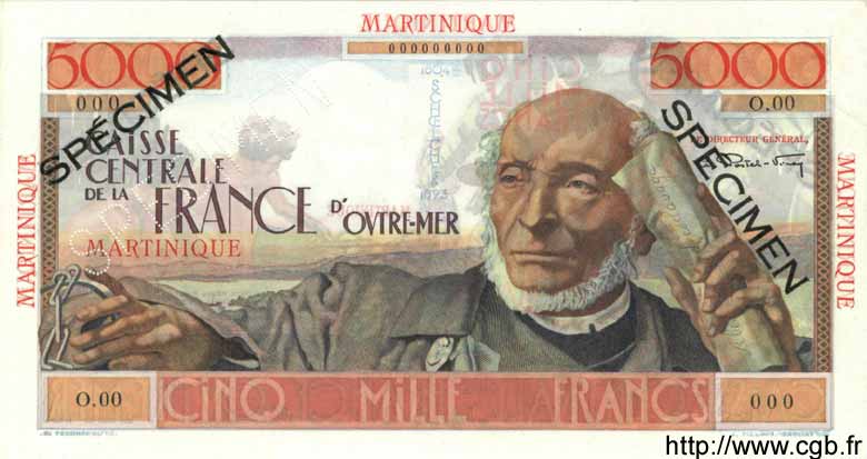 5000 Francs Schoelcher Spécimen MARTINIQUE  1952 P.34s fST+