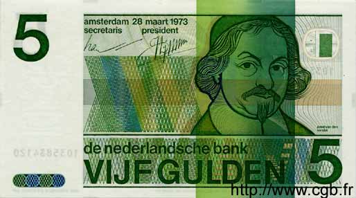 5 Gulden NETHERLANDS  1973 P.095 UNC