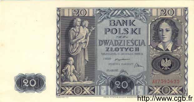 20 Zlotych POLAND  1936 P.077 UNC-
