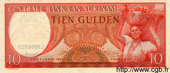 10 Gulden SURINAME  1963 P.121 FDC