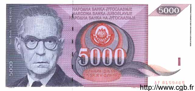 5000 Dinara YUGOSLAVIA  1991 P.111 UNC