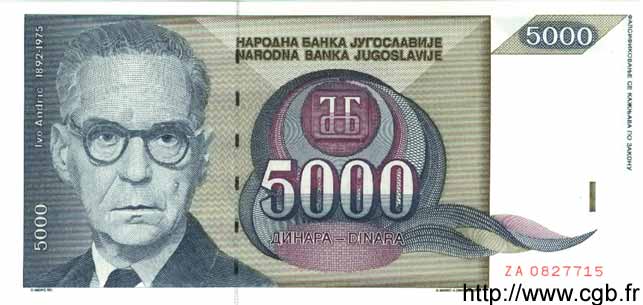 5000 Dinara YUGOSLAVIA  1992 P.115 UNC