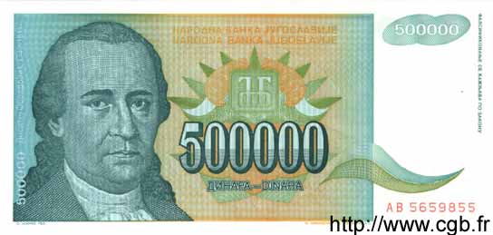 500000 Dinara YUGOSLAVIA  1993 P.131 UNC
