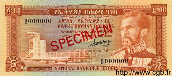 5 Dollars Spécimen ETIOPIA  1966 P.26s FDC