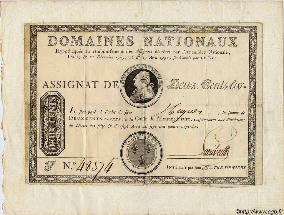 200 Livres &nbsp;à Endos et Coupons d&nbsp;Intérêt&nbsp; FRANCE  1790 Laf.123 TTB