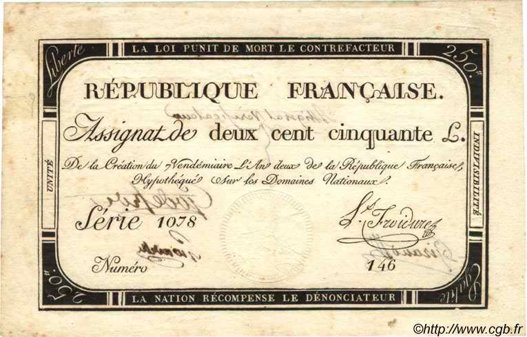 250 Livres Vérificateur FRANCE  1793 Laf.170a TTB+