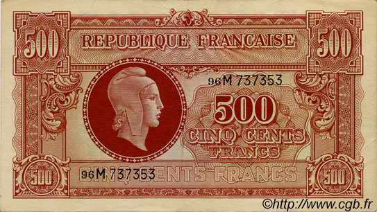 500 Francs MARIANNE fabrication anglaise FRANCE  1945 VF.11.02 SUP
