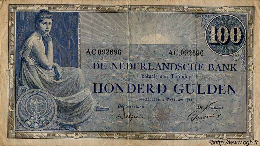 100 Gulden NETHERLANDS  1922 P.039a VF-