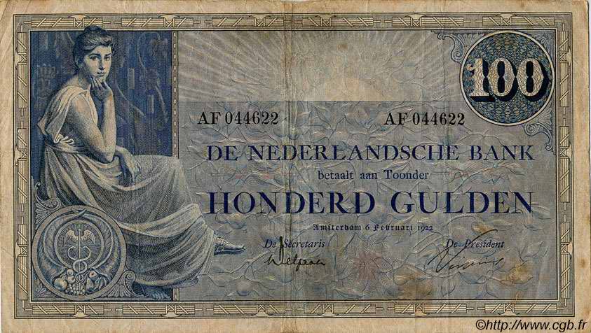 100 Gulden PAESI BASSI  1922 P.039a q.BB