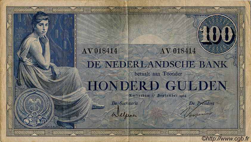 100 Gulden PAESI BASSI  1924 P.039b BB